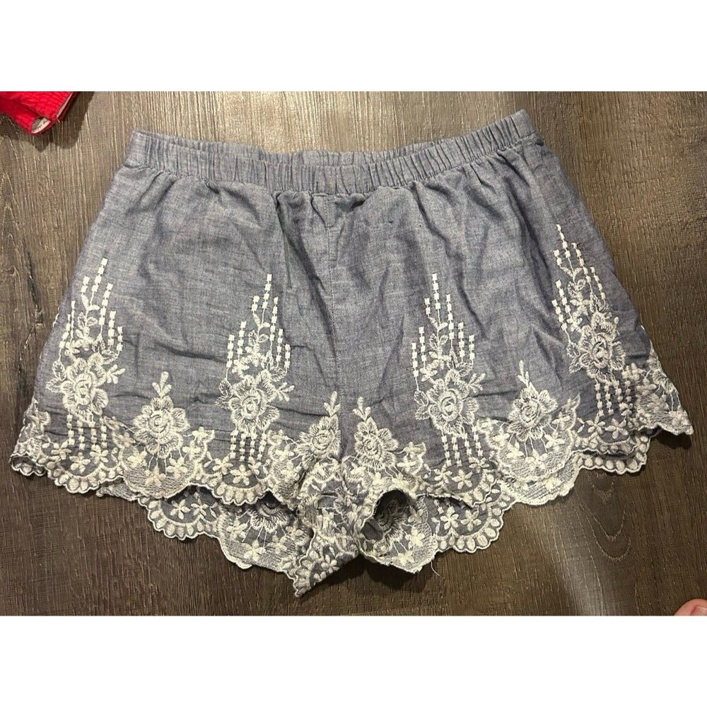 living doll Chambray Blue Embroidered Lace Trim cotton Shorts